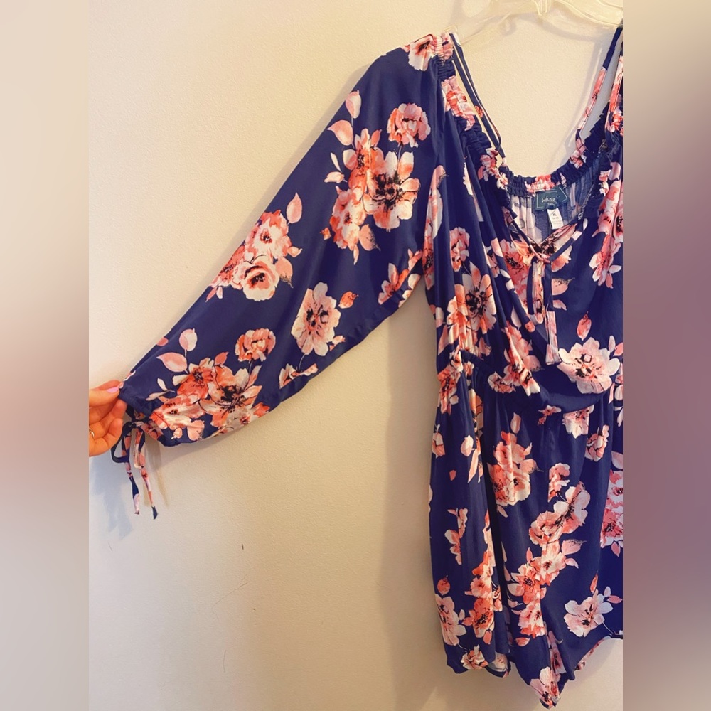 Navy blue and pink floral romper